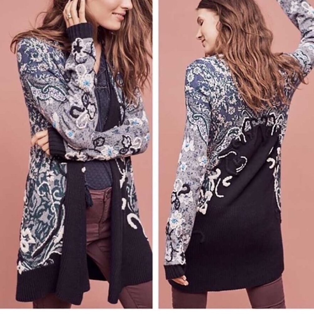 Anthropologie HWR | Monogram Emmia Hand-Stitched Embroidered Cardigan Sweater M